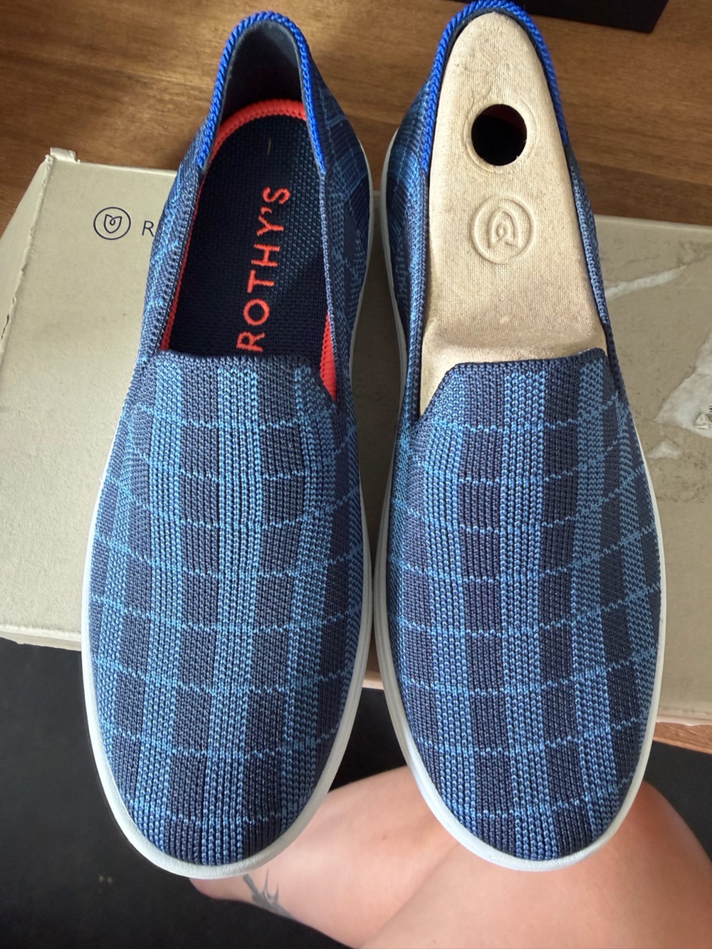 Rothy's Men's Navy and Light Blue Knit Slip-On Loafers